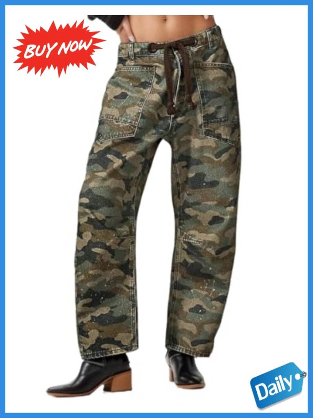 Women's Camo Barrel Jeans Mid Rise Baggy Denim Pants Oversized Pockets